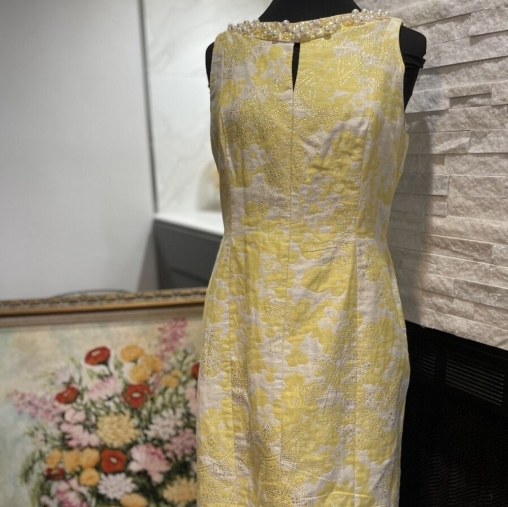 Tahari Floral Yellow Dress With Pearl Details, Size  10